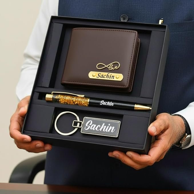 Customized Wallet with Pen, Keychain Gifting Hamper Set for Men with Name | Personalized