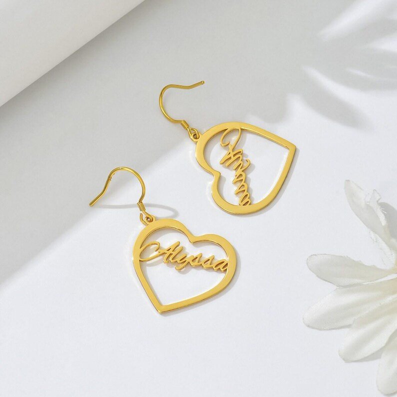 ustom  Heart Shape Name Earrings, Personalized Name Earrings,