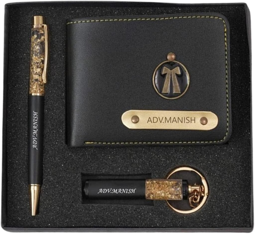 Wallet Pen Keychain Gift Set for Men with Name, Personalized Brown Purse Combo, Stylish Gift for Husband, Boyfriend